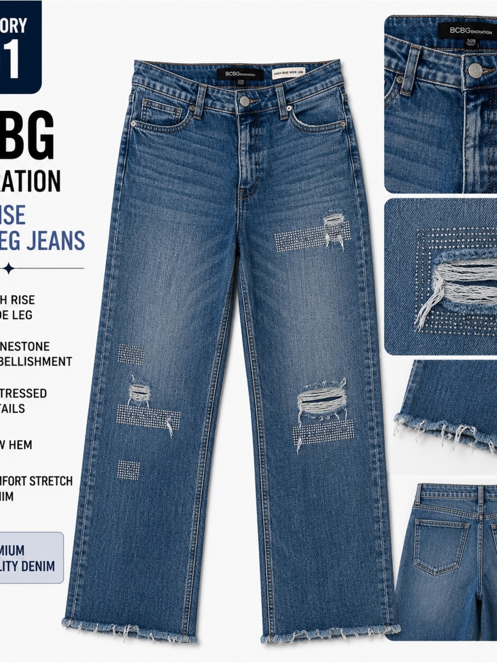 BCBGeneration Distressed Wide-Leg Jeans with Rhinestone Detail - Blue
